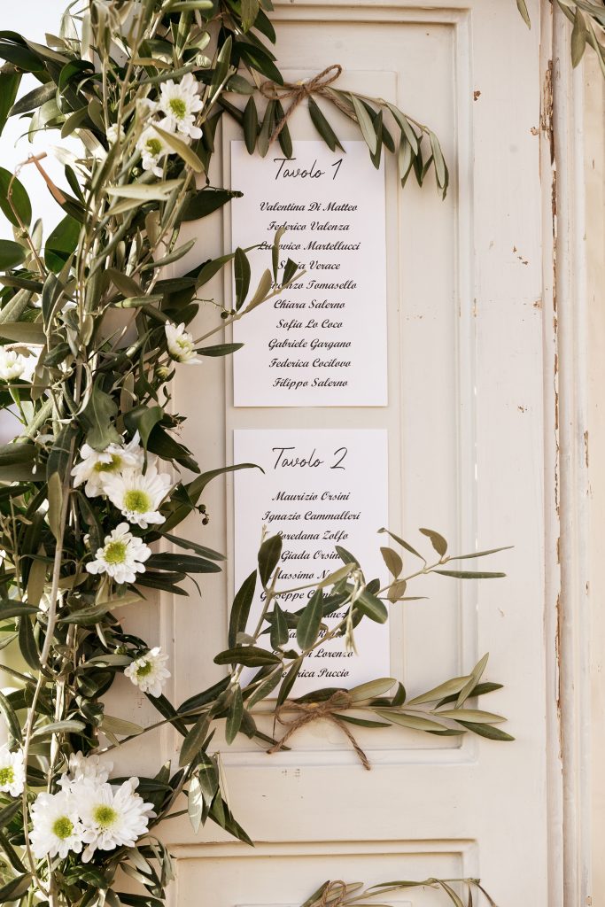 In questa foto il dettaglio di un tableau de mariage realizzato su un'antica porta bianca su cui sono stati attaccate le card dei tavoli ed è decorata con rami d'ulivo e margherite bianche