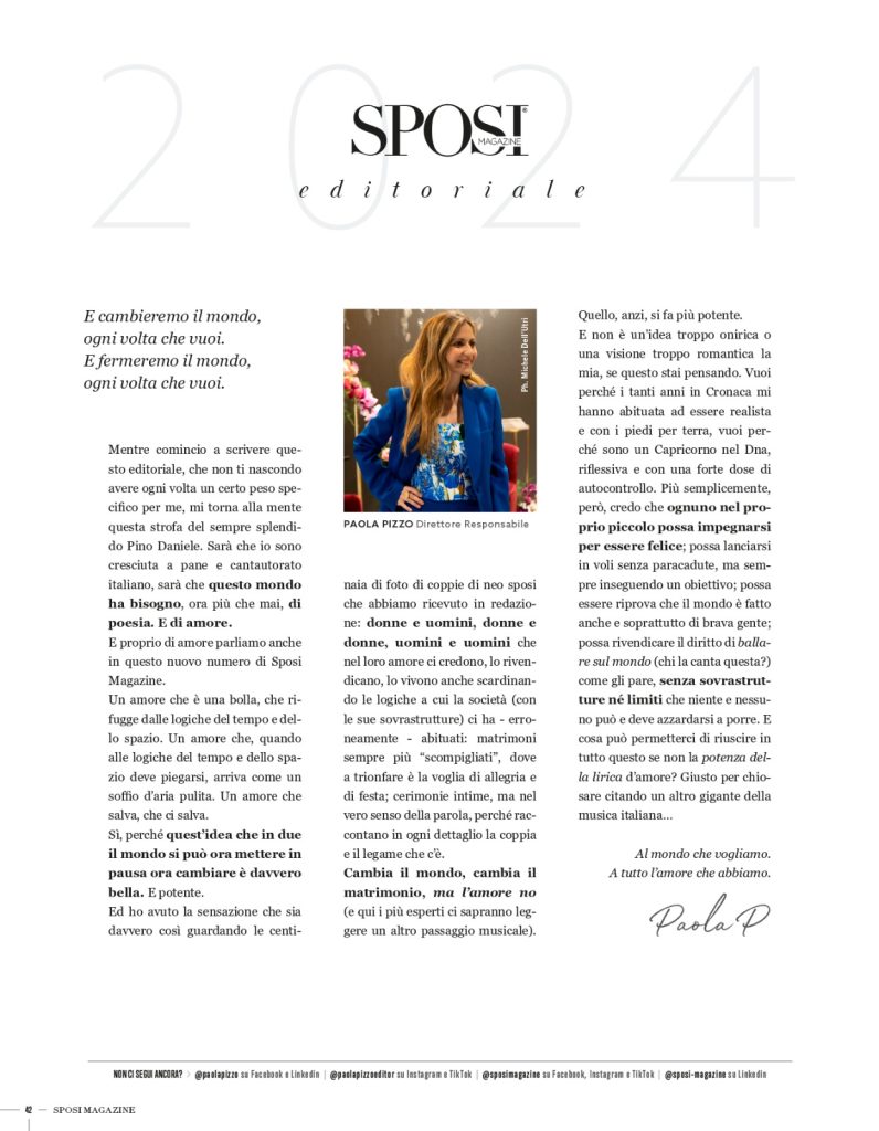 La pagina dell'editoriale a firma della direttrice responsabile di Sposi Magazine, Paola Pizzo, pubblicata nel nuovo numero della rivista