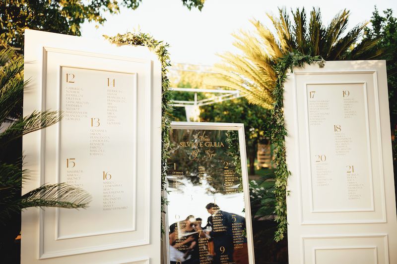 In questa foto il tableau de mariage delle nozze di Silvio e Giulia realizzato da Benedetta Carpanzano con porte di colore bianco e specchi decorati con scritte di colore dorato