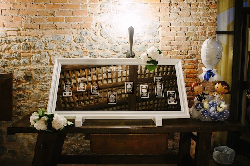 In questa foto il tableau de mariage del matrimonio di Elisa e Francesco realizzato con uno specchio con cornice bianca