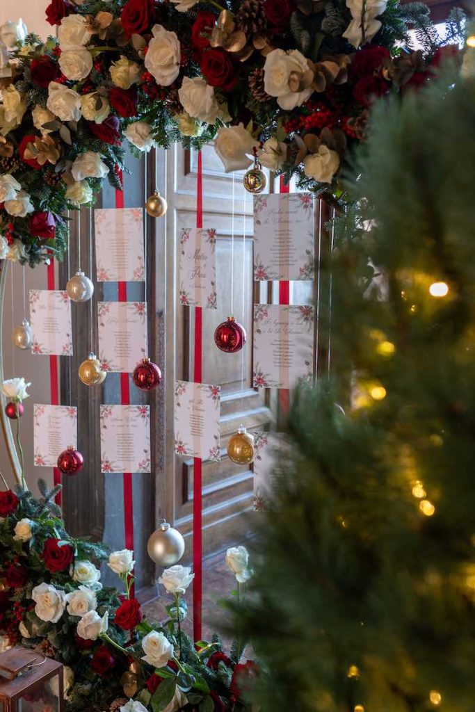 In questa goto il tableau de mariage realizzato dal Wedding Planner Stefano Miranda per il matrimonio a tema Natale di Matteo e Pinacon rose di colore bianco e rosso e palline appese