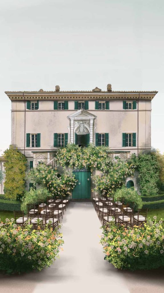 In questa foto il bozzetto realizzato dalla Wedding Designer Claudia Bettini che mostra la facciata di un villa allestita per una cerimonia di nozze all'aperto