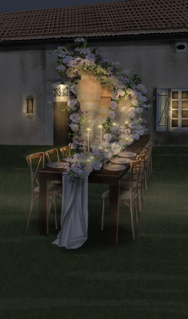 In questa foto il bozzetto realizzato dalla Wedding Designer Claudia Bettini con la vista notturna di un tavolo di nozze allestito nei toni del lilla e del giallo