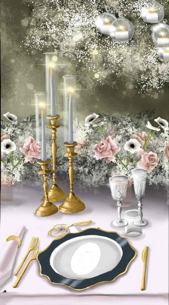In questa foto il bozzetto di una mise en place realizzato dalla Wedding Design Claudia Bettini nei toni del rosa, del bianco e dell'oro