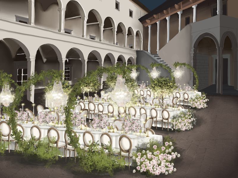 In questa foto il bozzetto realizzato dalla Wedding Designer Claudia Bettini Archiwed per l'allestimento della sala di un banchetto di nozze con fiori di colore rosa e bianco e lampadari chandelier appesi a bracci a mezzaluna rivistiti di foglie