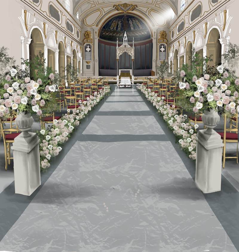 In questa foto il bozzetto realizzato dalla Wedding Designer Claudia Bettini per l'allestimento di una chiesa per matrimonio nei toni del rosa e del bianco