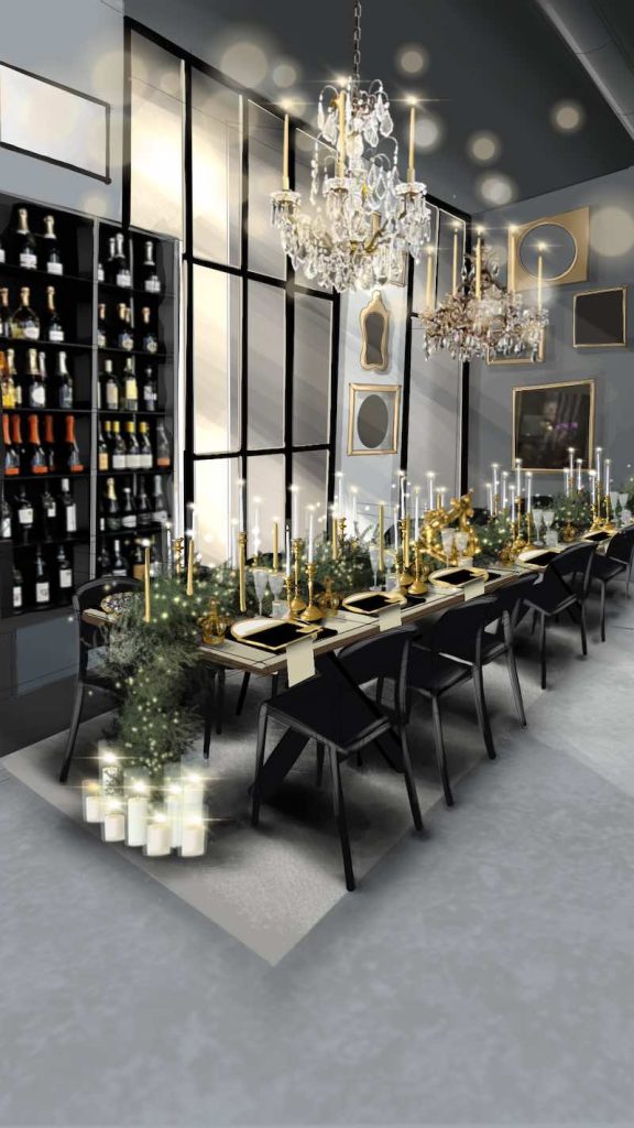 In questa foto il bozzetto di un allestimento realizzato dalla Wedding Design Claudia Bettini su un tavolo rettangolare decorato nei toni del nero e dell'oro con candele e runner di pino