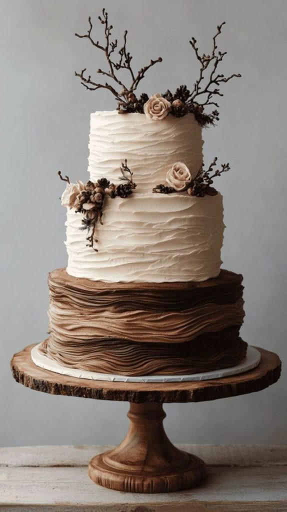 In questa foto una torta matrimonio 2025 a tema color mocha mousse