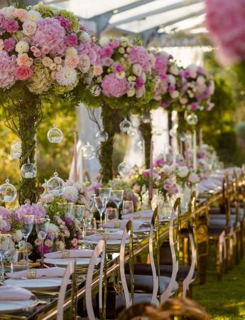 In questa foto un ricevimento di nozze allestito su un prato. Un tavolo imperiale si estende su tutta la lunghezza ed è decorato con alti centrotavola di fiori rosa posti in vasi trasparenti e alla base. Dai fiori scendono sfere trasparenti. Sedie colore coloro completano l'allestimento